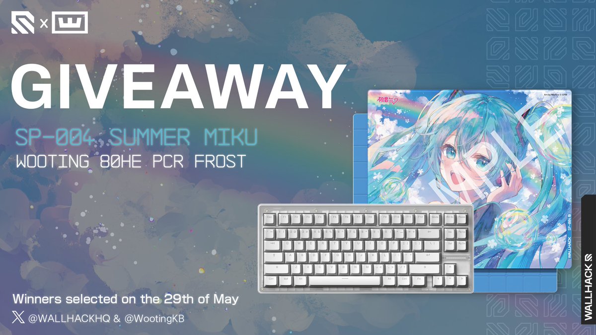 Wooting (@wootingkb) on Twitter photo 💙WALLHACK x Wooting Giveaway 💙
To celebrate the SP-004 Hatsune Miku Edition: Summer Miku release, we're doing a giveaway together!
✨1x SP-004 Hatsune Miku Edition: Summer Miku
✨1x Wooting 80HE PCR Frost
How to participate:
🌷Follow <a href="/WootingKB/">Wooting @ Computex - Q0305a</a> & <a href="/WallhackHQ/">WALLHACK©</a>
🌷Like & Repost 💙WALLHACK x Wooting Giveaway 💙
To celebrate the SP-004 Hatsune Miku Edition: Summer Miku release, we're doing a giveaway together!
✨1x SP-004 Hatsune Miku Edition: Summer Miku
✨1x Wooting 80HE PCR Frost
How to participate:
🌷Follow <a href="/WootingKB/">Wooting @ Computex - Q0305a</a> & <a href="/WallhackHQ/">WALLHACK©</a>
🌷Like & Repost