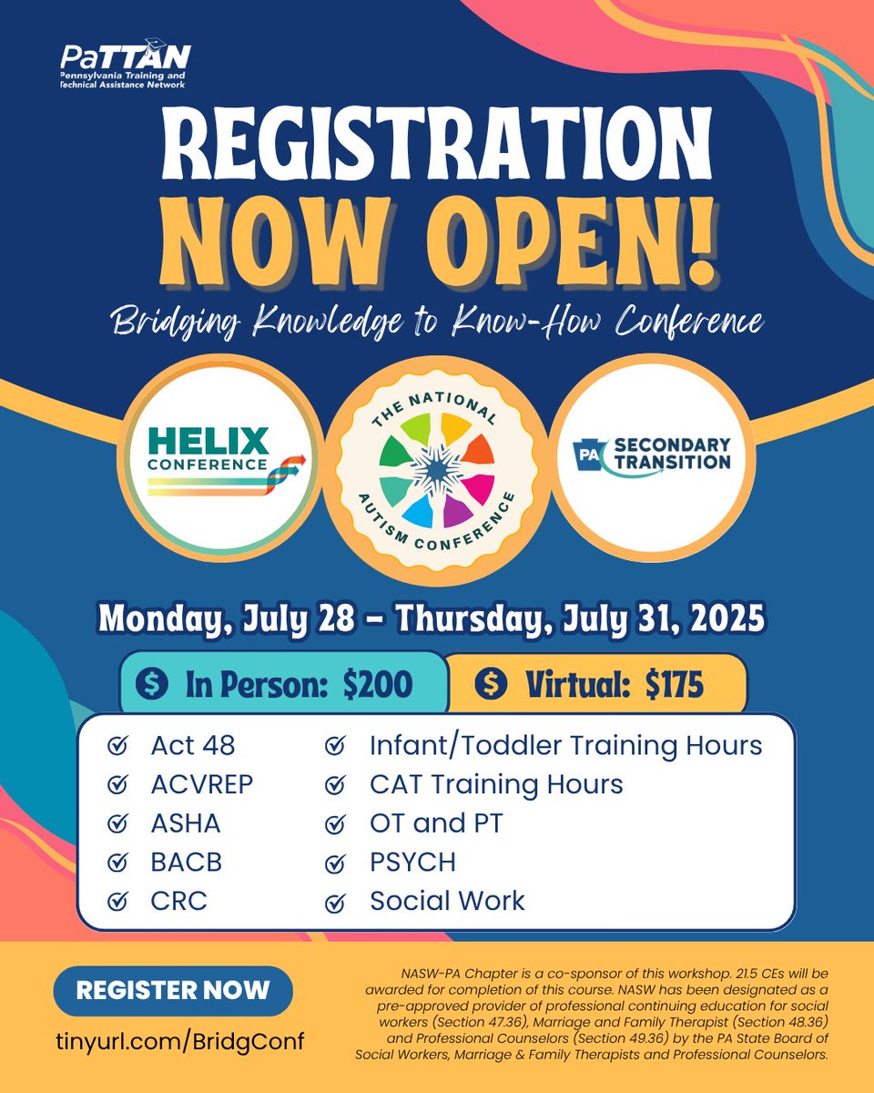 pattanupdates's tweet image. 🎯Want to earn #Act48 hours and #CECs? Start #BridgingTheGap between what we know and what we do at #BK2KH2025!💡

🗓️ Mon. July 28 – Thurs. July 31, 2025
🚩 In Person: $200 | Virtual: $175
➡️ Register: tinyurl.com/BridgConf

#SpecialEducationInPa #ContinuingEducationCredits