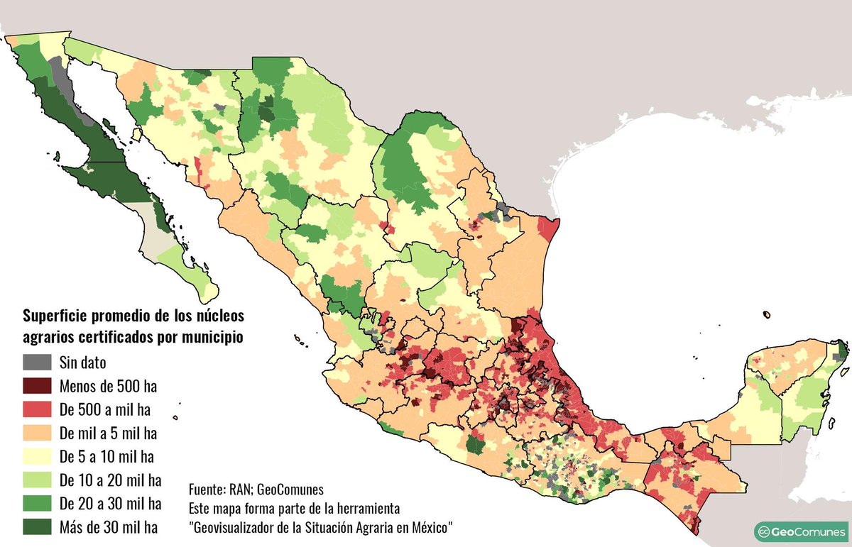 🌱 ¡Nuevo Geovisualizador para la Defensa del Territorio! 🗺️ <a href="/GeoComunes/">Colectivo GeoComunes</a> 

+50% del país son de ejidos y comunidades.
Conoce cuánta tierra tienen y dónde, activa la capa:
“Superficie promedio de núcleo agrario por municipio” 

🔗 geocomunes.org/geovisualizado…
#DefensaDelTerritorio