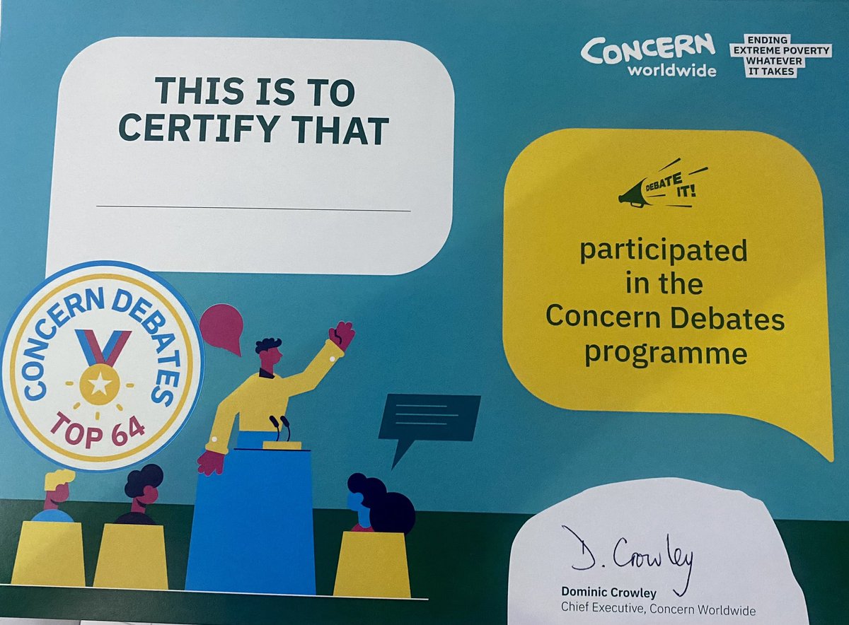 Ballincollig Community School (@balcsie) on Twitter photo So proud of our Concern Debating Team for making it into the Top 64 teams in the country! Incredible achievement and so well deserved!
@concerndebates <a href="/concernactive/">Concern Global Citizenship</a>
#DebateTeam #ConcernDebates #Top64 #ProudMoment #StudentVoices #CriticalThinking #FutureLeaders #Teamwork So proud of our Concern Debating Team for making it into the Top 64 teams in the country! Incredible achievement and so well deserved!
@concerndebates <a href="/concernactive/">Concern Global Citizenship</a>
#DebateTeam #ConcernDebates #Top64 #ProudMoment #StudentVoices #CriticalThinking #FutureLeaders #Teamwork
