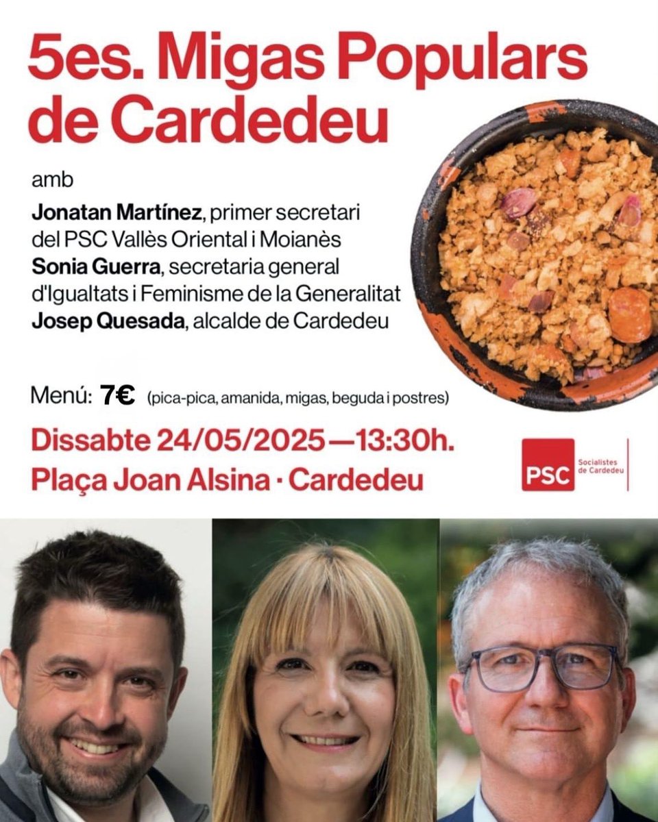 🍽️ AQUEST DISSABTE, 24 de maig arriba la 5a edició de les Migas Populars de #Cardedeu. 

👉🏻 Ho farem a la Plaça Joan Alsina el dissabte 24 a les 13:30h per només 7€, t'ho perdràs?