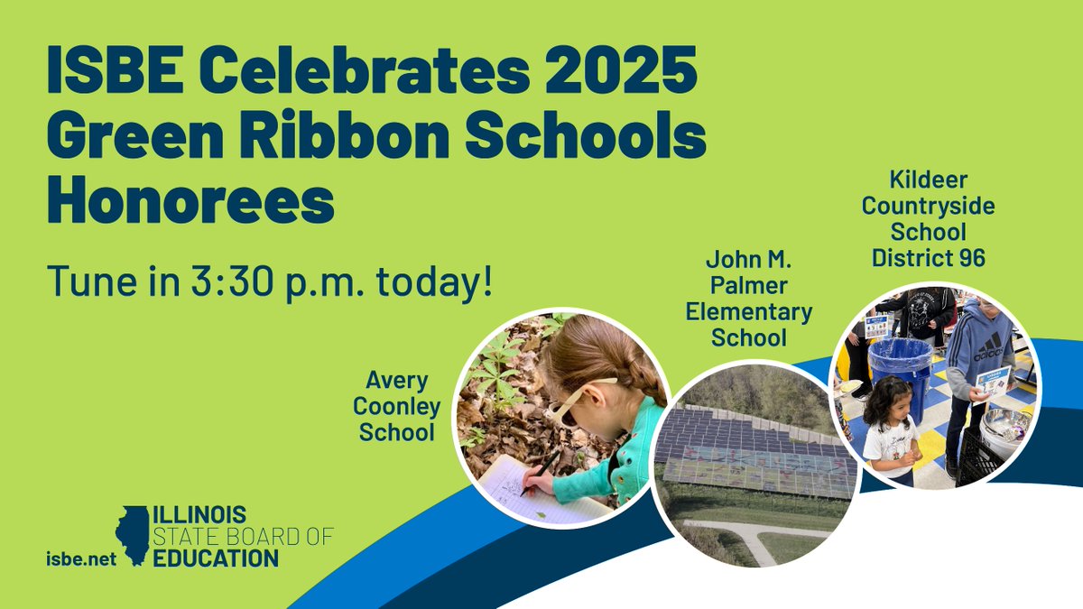 Illinois State Board of Education (@isbenews) on Twitter photo Congratulations to Illinois' 2025 Green Ribbon Schools Honorees!
๐The Avery Coonley School
๐<a href="/palmer_panthers/">Palmer Elementary</a>
๐<a href="/KCSD96/">Kildeer District 96</a>
Join us TODAY @ 3:30p to virtually celebrate their excellence in: environmental impact/wellness programming/sustainability education.
okt.to/G61lcW Congratulations to Illinois' 2025 Green Ribbon Schools Honorees!
๐The Avery Coonley School
๐<a href="/palmer_panthers/">Palmer Elementary</a>
๐<a href="/KCSD96/">Kildeer District 96</a>
Join us TODAY @ 3:30p to virtually celebrate their excellence in: environmental impact/wellness programming/sustainability education.
okt.to/G61lcW