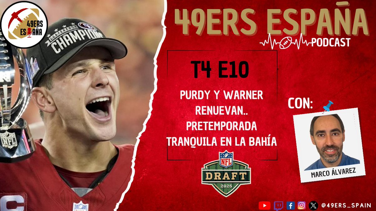 🎙️49ers España 𝗣𝗼𝗱𝗰𝗮𝘀𝘁🎙️ 
📽️ T4 E10
📆 Jueves 22 de mayo 
⌚22:15h🇪🇦/14:15h🇲🇽
📍#Youtube ⤵️
youtube.com/live/C0GcD0gZU…
📍#Twitch ⤵️
twitch.tv/49ers_spain

Primero renovó Kittle, luego Purdy y Warner 😍😍. Nos queda una pretemporada tranquila <a href="/deionmarco/">Marco Álvarez</a>

#49ersESP