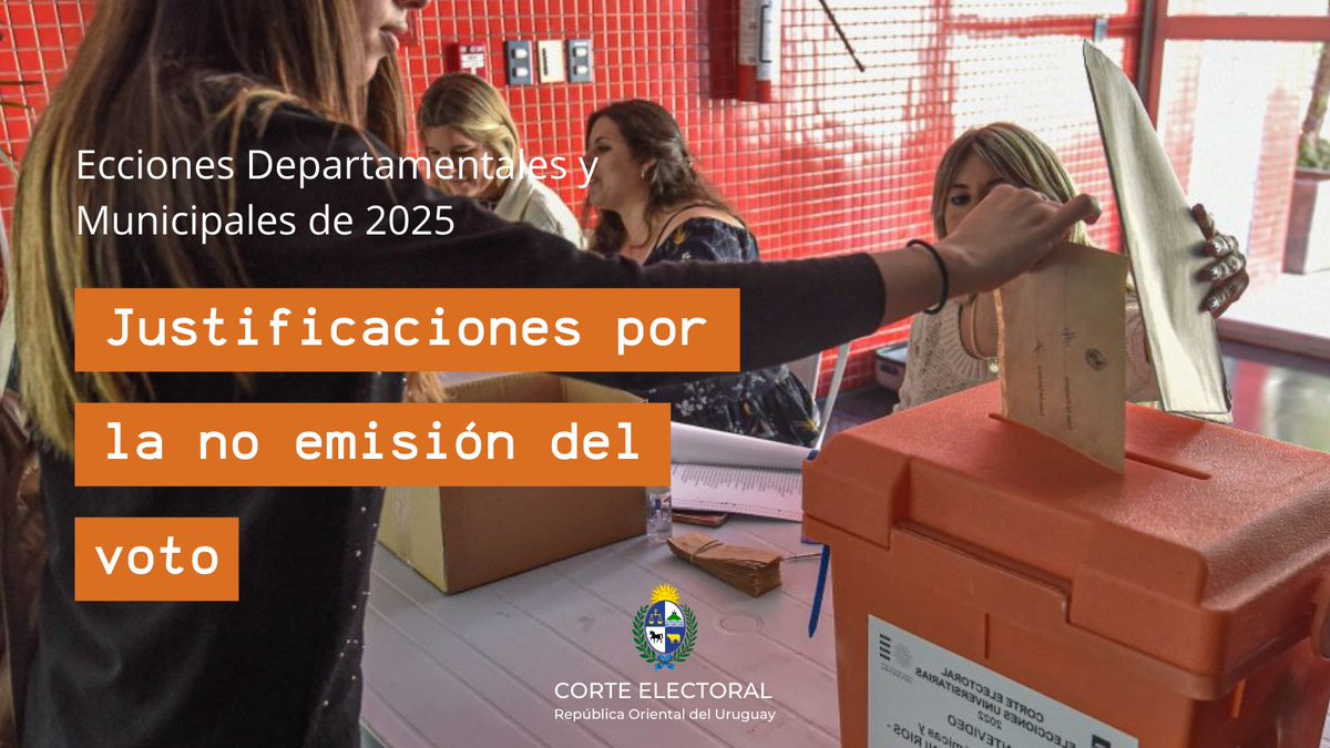 Corte_Electoral's tweet photo. Desde el 13 de mayo y hasta el 12 de junio se podrán realizar justificaciones por no votar en las Elecciones Departamentales y Municipales del 11 de mayo de 2025. Toda la información aquí👉https://t.co/K2r13F9hN0 https://t.co/DmngHNKFSY