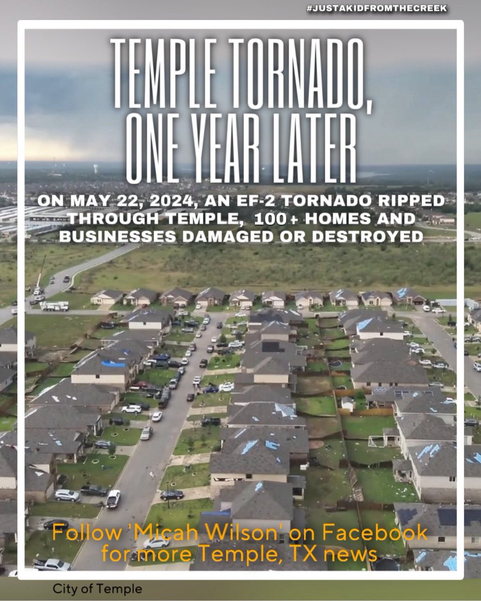 TEMPLE STRONG: Today marks one year since EF-2 hit #Temple. More than 30 people were injured and between 100-200 homes were damaged or destroyed.

#Follow me for more #TempleNews

#templetx #templetexas #templetornado #tornado #tornadodamage #templestrong #JustAKidFromTheCreek