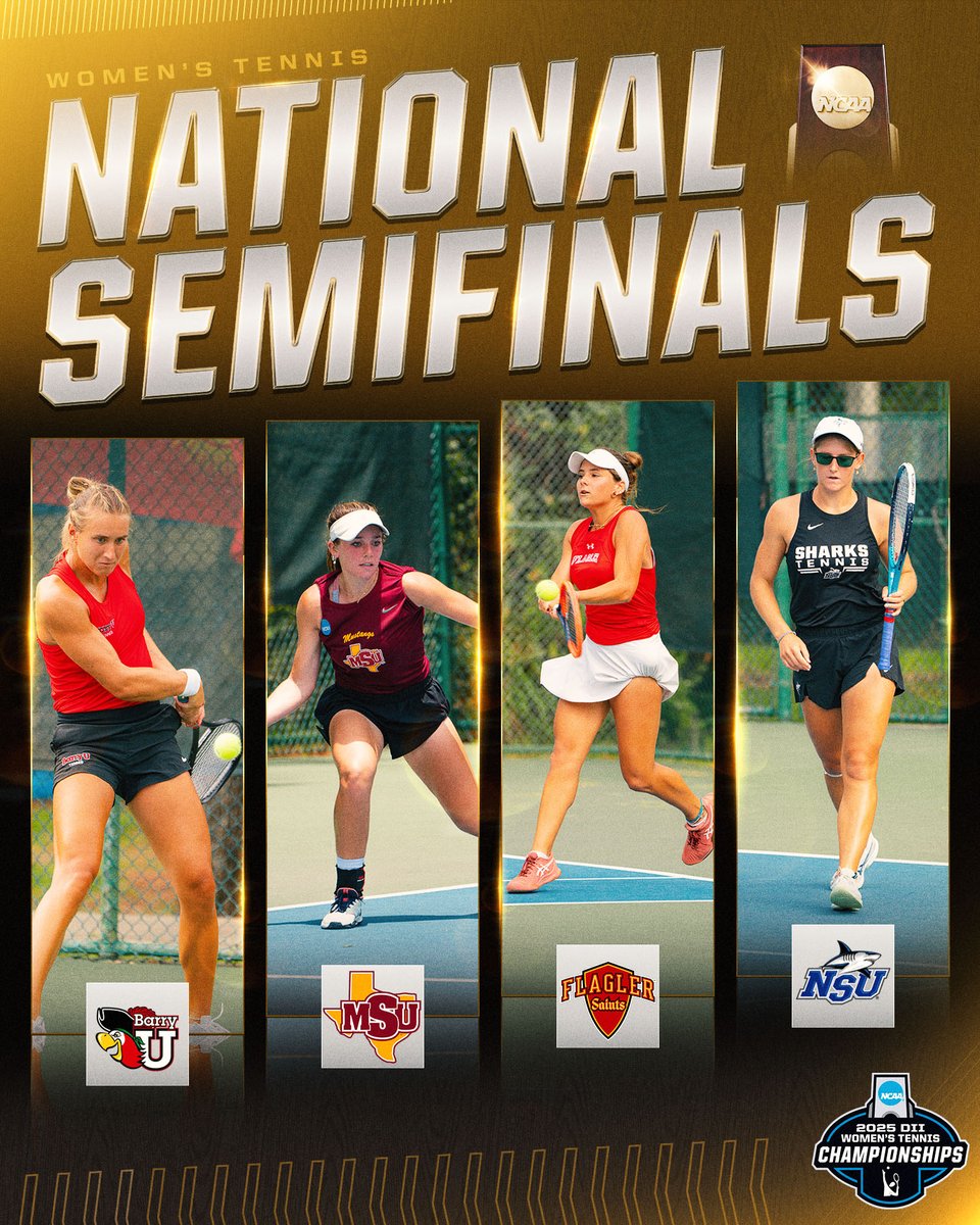 NCAA Division II (@ncaadii) on Twitter photo Four teams enter, only ONE will emerge a CHAMPION!
Our National Semifinals are set, featuring <a href="/BarryUWTen/">Barry University Womenโs Tennis</a> <a href="/MSUMustangs/">MSU Mustangs</a> <a href="/FlaglerWTennis/">Flagler Womenโs Tennis</a> <a href="/NSU_WTennis/">NSU Women's Tennis</a>
#D2WTEN | #MakeItYours Four teams enter, only ONE will emerge a CHAMPION!
Our National Semifinals are set, featuring <a href="/BarryUWTen/">Barry University Womenโs Tennis</a> <a href="/MSUMustangs/">MSU Mustangs</a> <a href="/FlaglerWTennis/">Flagler Womenโs Tennis</a> <a href="/NSU_WTennis/">NSU Women's Tennis</a>
#D2WTEN | #MakeItYours