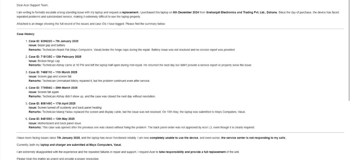 dykChirag's tweet photo. @Acer_India @Acer I’ve been facing nonstop issues with my laptop since purchase in Dec 2024. Case ID: 848185C and others. My laptop has been dead for over a month, the service center won’t respond, and I just lost my job due to this. I demand a proper replacement NOW.#AcerSupport https://t.co/fWbDd0Wjal