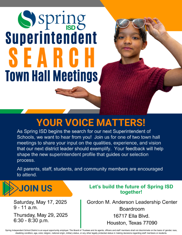 📷Thursday, May 29: We value your voice and invite parents, guardians, and community members to share their thoughts on the qualities and leadership our next superintendent. Join us at the upcoming town hall meeting to learn more about the search process.