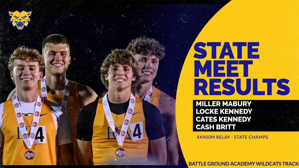 BGASports's tweet image. The boys 4x400m team takes 1st place at the State Meet! Congratulations, Locke Kennedy, Miller Mabury, Cates Kennedy, Cash Britt! 

#ConquerandPrevail #BGAtrackandfield