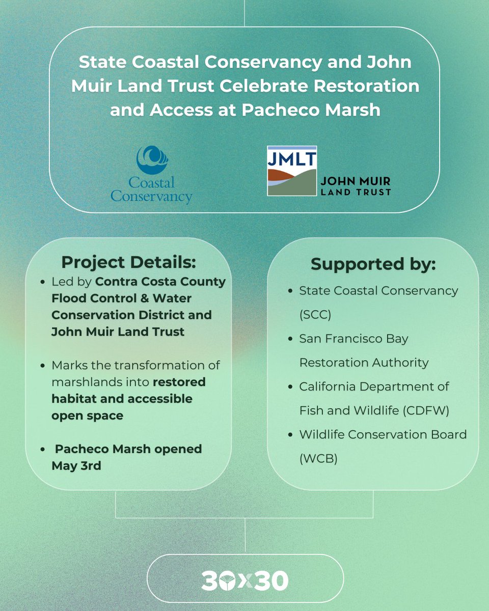 30x30CA's tweet photo. 30 x 30 Alert! 🚨

A new restoration + public access site opened in Contra Costa County!
Pacheco Marsh is now open, transforming former marshland into restored habitat and accessible open space.

Led by @JohnMuirLT  with support from @ca_coastal, @CaliforniaWCB , and more. https://t.co/nxPVzwx5Et
