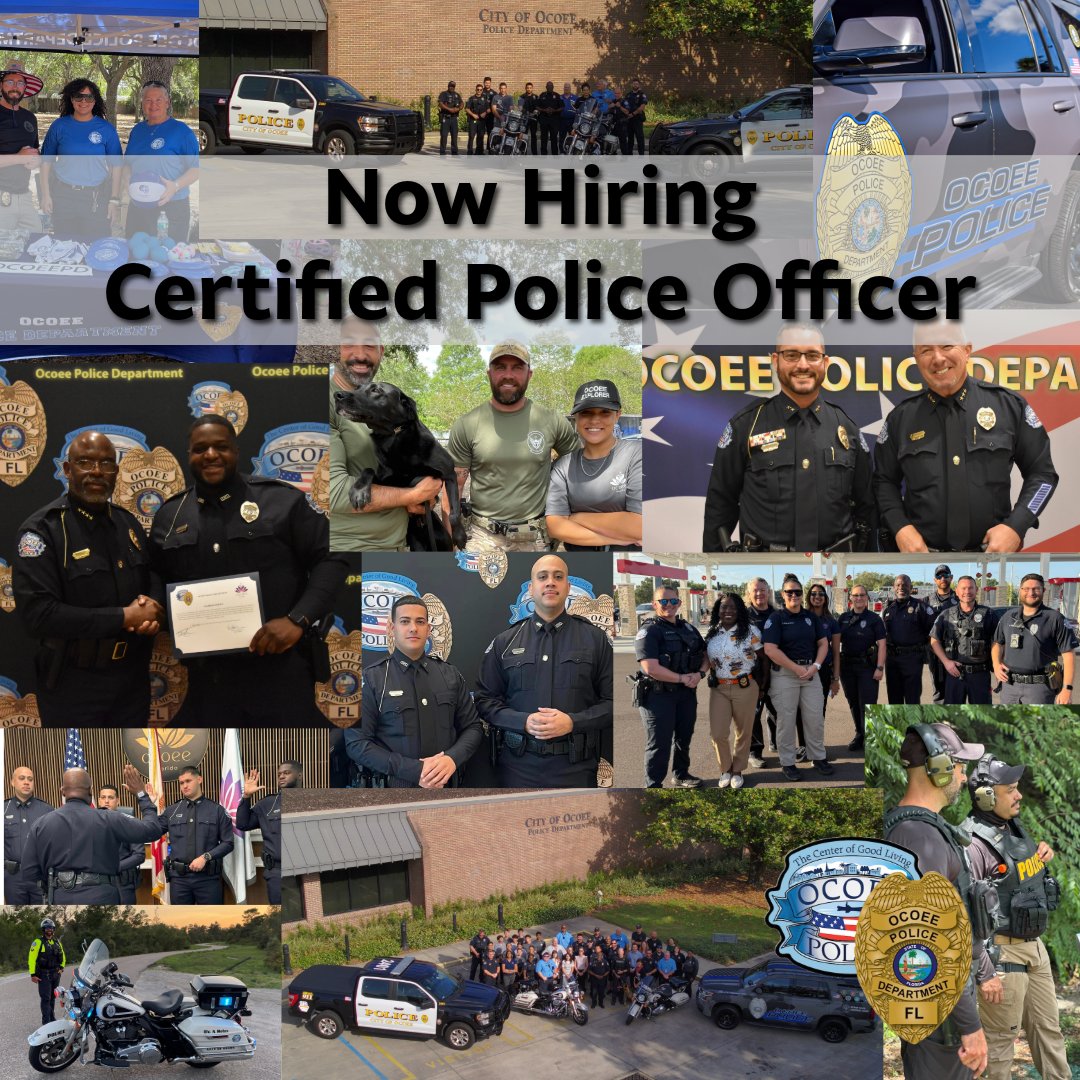 🚨 We're hiring certified officers
💰 $64k-94k pay range
🪙 25-year retirement w/multiplier
📃Competitive Insurance

Apply now: governmentjobs.com/careers/ocoee/…

#OcoeePD #PoliceJobs #NowHiring #LawEnforcement
