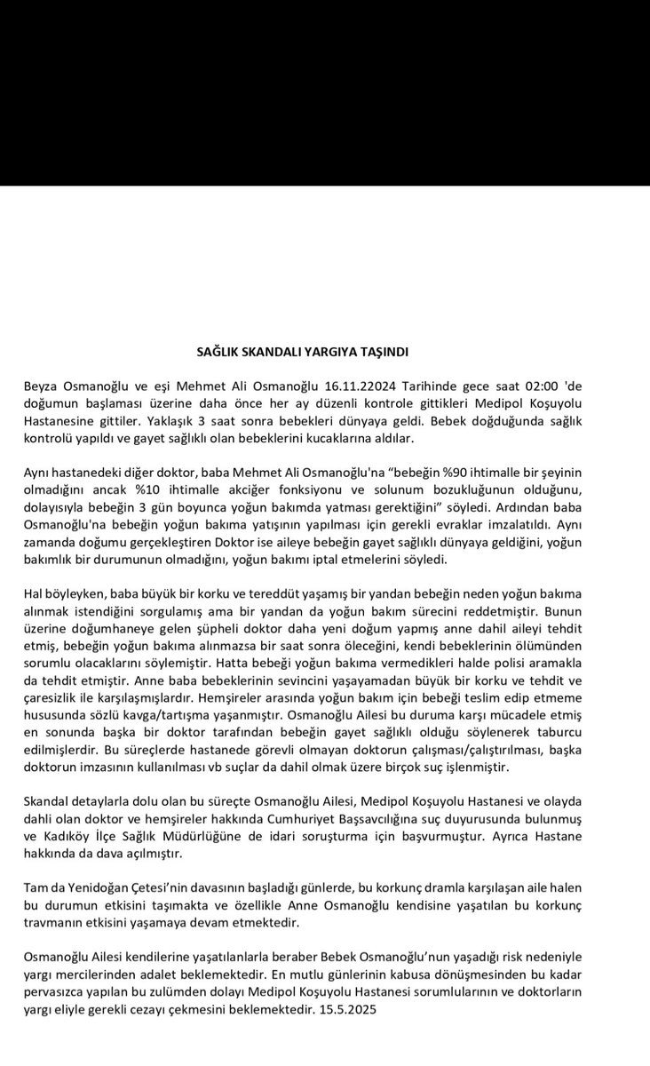 MEDİPOL Koşuyolu Hastanesi’nde yaşadığımız sağlık skandalını yargıya taşıdık. Yeni doğan bebeğimiz ile ilgili vaka ve avukatlarımız aracılığıyla yürüttüğümüz yargı süreci ile ilgili bilgi aşağıdadır.