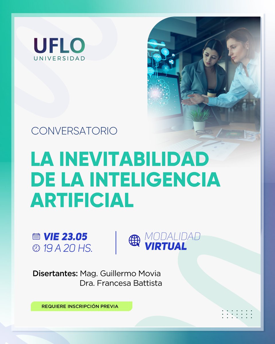 Conversatorio: la inevitabilidad de la inteligencia artificial
Jueves 23 de mayo | 19 a 20 h

Reflexionamos sobre discursos, mitos y representaciones en torno a la IA y su impacto en la sociedad.
🔗 Inscribite: zoom.us/meeting/regist…