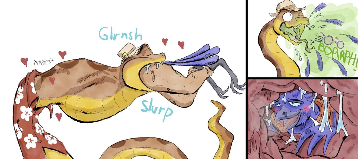 mawlexander's tweet photo. (ARCHIVE)
CW: VORE, BELCH

Drew this when the first Bad Guys 2 trailer dropped a few months ago, simply had to do it XD
Mr. Snake giving his girlfriend a VERY deep kiss https://t.co/ju55hc4VPm