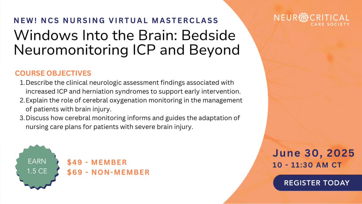 Learn about the pathophysiology of increased ICP and cerebral monitoring techniques during this 90-minute virtual masterclass on June 30! This course is designed specifically for nurses, but practitioners of other disciplines may find this content impactful. Learn more: