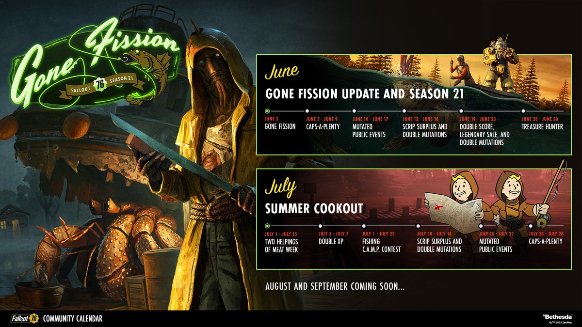 Fallout (@fallout) on Twitter photo Our latest community calendar for June and July is here, with August and September to follow soon. 📅 
Which events are you looking forward to most? #Fallout76 Our latest community calendar for June and July is here, with August and September to follow soon. 📅 
Which events are you looking forward to most? #Fallout76