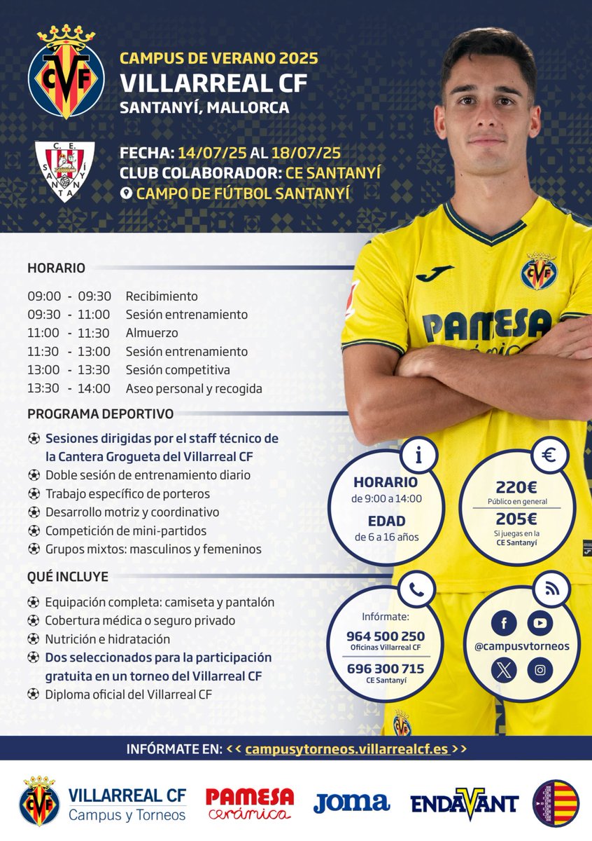 El <a href="/VillarrealCF/">Villarreal CF</a> amb col•laboració del <a href="/CE_Santanyi/">C.E. Santanyi</a> durà a terme un Campus de Tecnificació aquest estiu a SANTANYÍ

📆 Del 14 al 18 de Juliol
⏰ De 09 a 14h
🏟️ Camp de futbol de Santanyí

‼️ UNICA SEU AQUEST ESTIU A MALLORCA

✔️ Inscripcions obertes!!