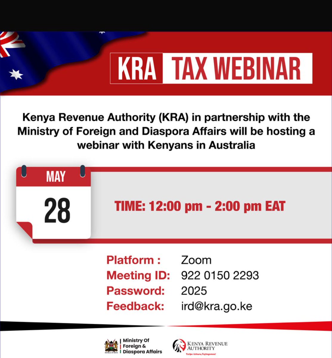 State Department for Diaspora Affairs | Kenya (@diaspora_ke) on Twitter photo ๐๐๐๐๐๐๐ ๐๐๐ ๐๐๐ ๐๐๐
๐๐๐๐๐๐๐๐ ๐๐๐๐๐๐๐:
The State Department for Diaspora Affairs-<a href="/Diaspora_KE/">State Department for Diaspora Affairs | Kenya</a>, in collaboration with the Kenya Revenue Authority (KRA)-<a href="/KRACorporate/">Kenya Revenue Authority</a>, will host an online session(webinar) on Wednesday, May 28, 2025, for Kenyans in ๐๐๐๐๐๐๐ ๐๐๐ ๐๐๐ ๐๐๐
๐๐๐๐๐๐๐๐ ๐๐๐๐๐๐๐:
The State Department for Diaspora Affairs-<a href="/Diaspora_KE/">State Department for Diaspora Affairs | Kenya</a>, in collaboration with the Kenya Revenue Authority (KRA)-<a href="/KRACorporate/">Kenya Revenue Authority</a>, will host an online session(webinar) on Wednesday, May 28, 2025, for Kenyans in