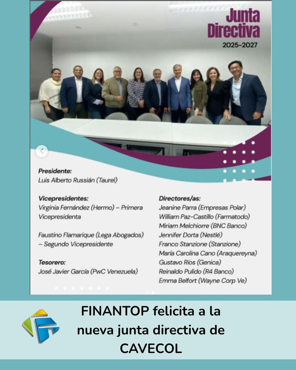 Finantop's tweet photo. Finantop extiende sus más sinceras felicitaciones a la recién juramentada Junta Directiva de la Cámara de Integración Económica Venezolano Colombiana (CAVECOL) para el período 2025-2027. https://t.co/IYoiN1O569