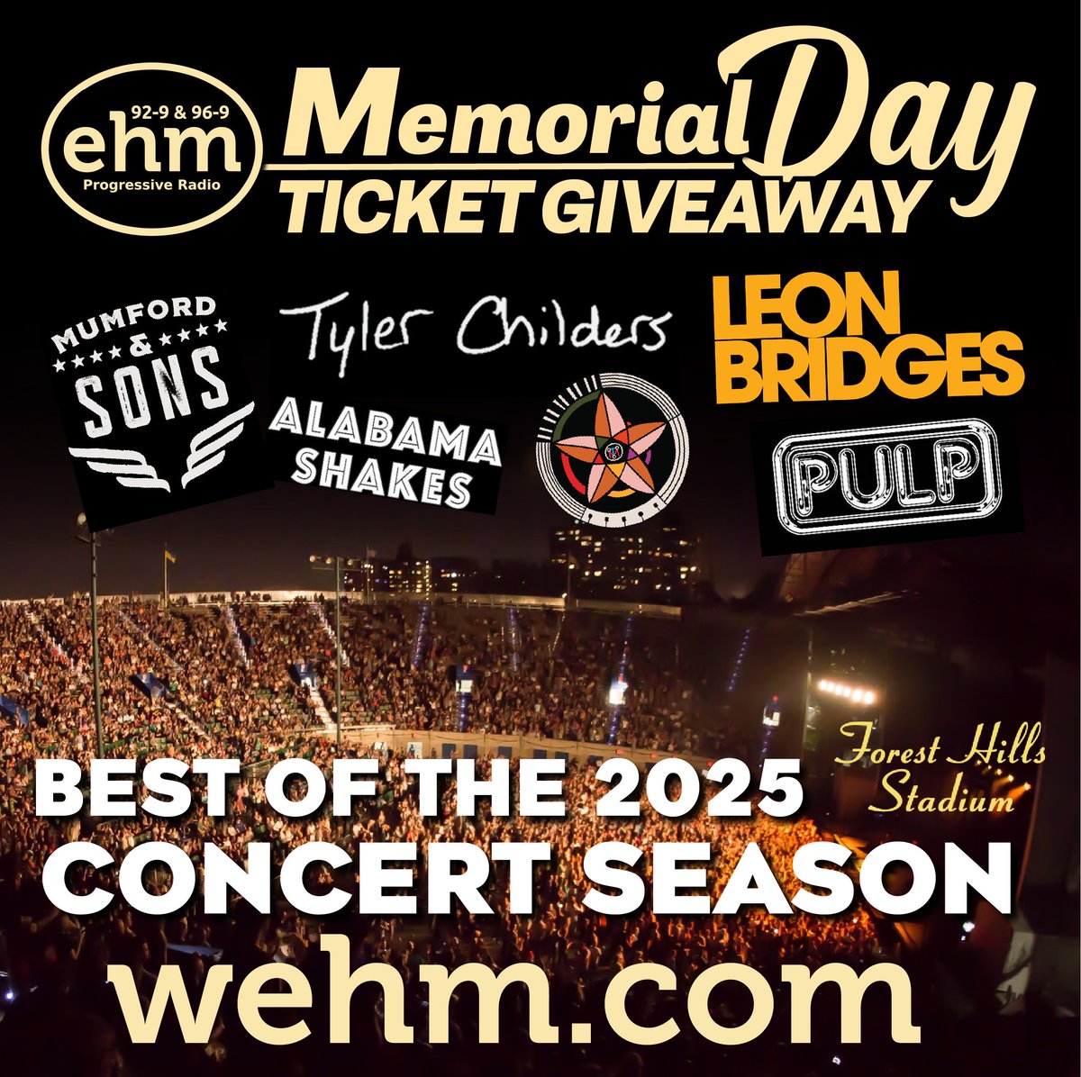 92.9 & 96.9 'EHM (@wehmradio) on Twitter photo It's the 'ehm Memorial Day Ticket Giveaway! Enter today at wehm.com and click on the "Free Stuff" tab for your chance at a pair of tickets to some of the best concerts of the 2025 season at <a href="/ForestHillsStdm/">Forest Hills Stadium</a>, including <a href="/leonbridges/">Leon Bridges</a>, <a href="/MumfordAndSons/">Mumford & Sons</a> and more! ๐ป It's the 'ehm Memorial Day Ticket Giveaway! Enter today at wehm.com and click on the "Free Stuff" tab for your chance at a pair of tickets to some of the best concerts of the 2025 season at <a href="/ForestHillsStdm/">Forest Hills Stadium</a>, including <a href="/leonbridges/">Leon Bridges</a>, <a href="/MumfordAndSons/">Mumford & Sons</a> and more! ๐ป