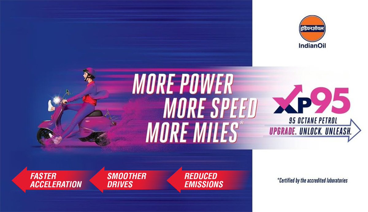 IndianOilcl's tweet image. Revolutionize your driving experience with faster acceleration, smoother rides and reduced emissions. Get #XP95 today and upgrade your journey. #IndianOil