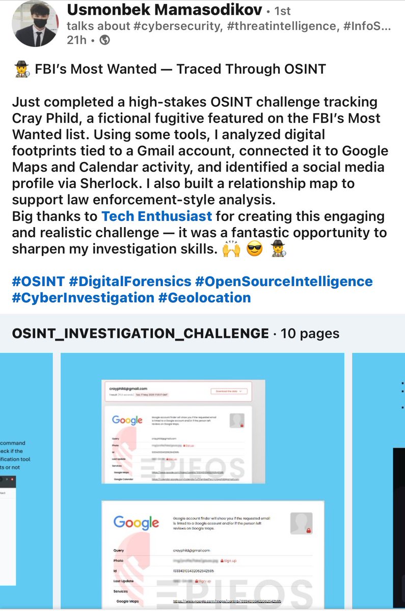 I developed this OSINT challenge earlier this month and I’m grateful for its positive impact on the OSINT community. Big up to all the participants!! 

Good news: <a href="/Cyber_Sudo/">CyberSudo</a> and I have some amazing OSINT content coming your way! 

Stay tuned!! 

#OSINT
#Cybersecurity