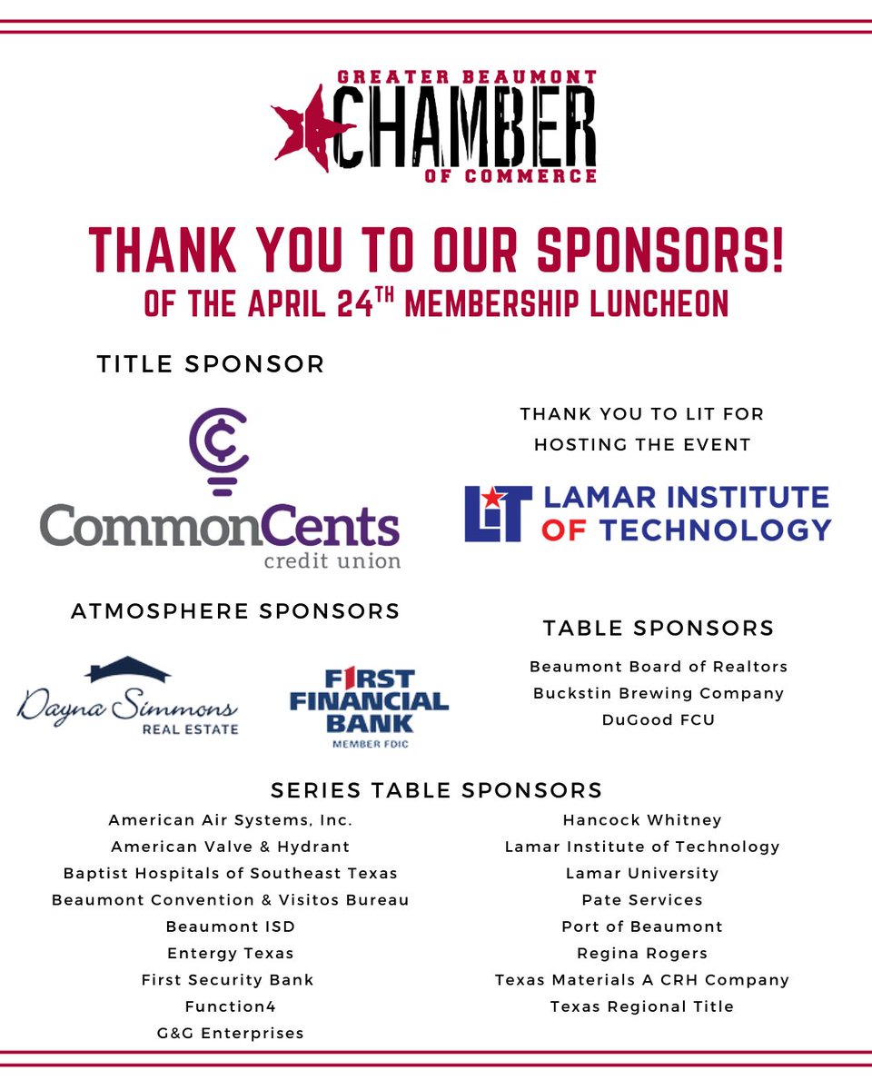 BMTChamber's tweet photo. #ThrowbackThursday to our April 24th Membership Luncheon at Lamar Institute of Technology! A huge THANK YOU to all of our incredible sponsors who made the event possible, including title sponsor for the series: CommonCents Credit Union.
#GBCOC #BeaumontTx #SupportLocal https://t.co/sG5lDp10uM
