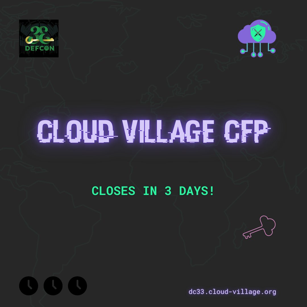 🚨3 days left.🚨

The cloud doesn’t wait. Neither should you. ☁🛠️🎤

Workshops. Demos. Research. Real exploits.

Send it our way — and step into the village.

🔗 forms.gle/LdDLHoxXUM3ABy…

<a href="/cloudvillage_dc/">Cloud Village</a> x <a href="/defcon/">DEF CON</a>

#CloudVillage #CloudSecurity #DEFCON33