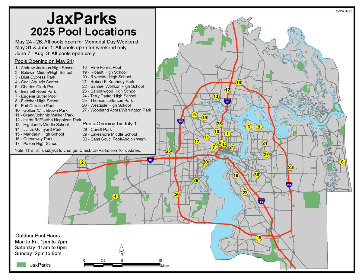 Ready, set, Saturday 5/24 begins <a href="/jaxparks/">JaxParks</a> pool season! Be safe &amp; prepared for a hot, fun summer cooling off at our pools. Memorial Day weekend: 5/24 11a-6p; 5/25 2-6p; &amp; 5/26 11a-6p. Preseason 5/24-6/1 Sa 11a-6p &amp; Su 2-6p. Regular season 6/7-8/3 M-F 1-7p, Sa 11-6 &amp; Su 2-6. 🏊