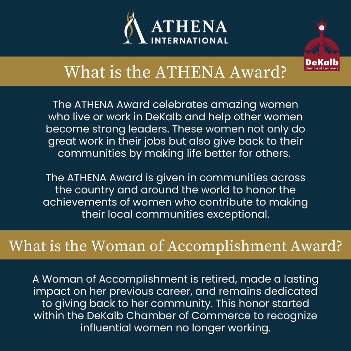 Know an inspiring woman leader? Nominate her for the prestigious ATHENA Award!

Know a retired woman continuing to make an impact? Nominate her for the Woman of Accomplishment Award!

Submit nominations at dekalb.org/athena-award by July 25, 2025.