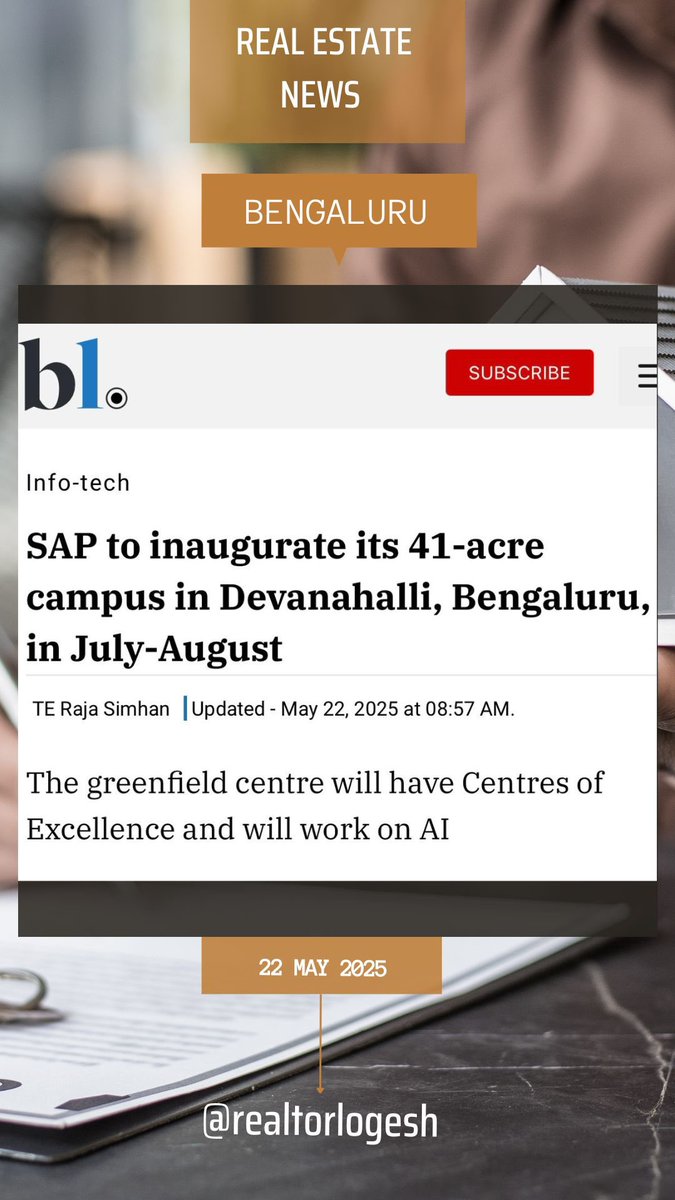 logeshjoshi's tweet photo. SAP Labs India’s 41-acre campus at Devanahalli in Bengaluru will be ready by the 2nd half of the year, generating a seating capacity of 15,000.
It will have a Centre of Excellence, Concept Centres and a major focus on AI.
Source: The Hindu Business Line.
#saplabindia #Bangalore https://t.co/IkGhcrH4dJ