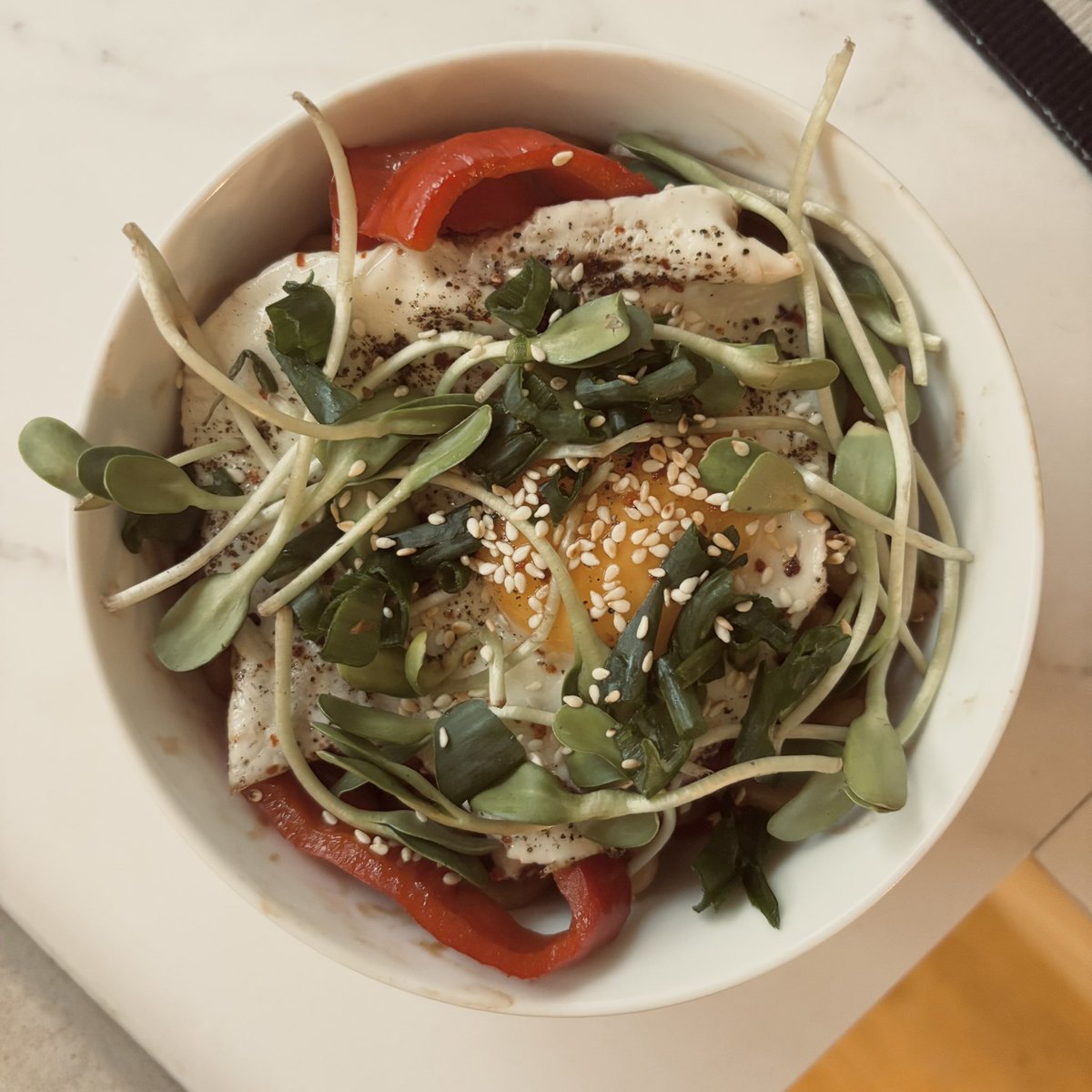 Today’s omad - 444 calories | 18,5 protein ! 

Udon with egg, chilli, teriyaki &amp; soy sauce, paprika and the toppings . #edtwt #mealspo