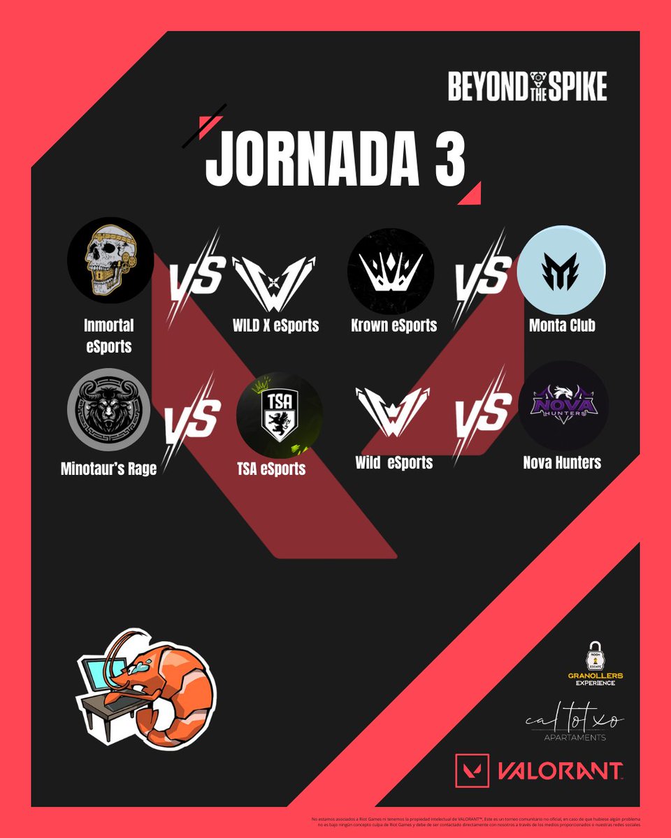 BeyondTheSpkie (@beyondthespike) on Twitter photo ⚠️JORNADA 3⚠️
Esto comienza a ponerse interesante 🫣
<a href="/eSport_Inmortal/">Inmortal eSports</a> 🆚<a href="/WILDeSports_ES/">ᴡɪʟᴅ ᴇsᴘᴏʀᴛs</a>
<a href="/Minotaurs_Rage/">Minotaur's Rage</a> 🆚<a href="/TheSilentAzh/">TSA eSPORTS</a>
<a href="/krownclub/">Krown Esports</a> 🆚<a href="/Monta_Club/">Monta Club</a>
<a href="/WILDeSports_ES/">ᴡɪʟᴅ ᴇsᴘᴏʀᴛs</a> 🆚<a href="/NvHunterss/">Nova Hunters</a> ⚠️JORNADA 3⚠️
Esto comienza a ponerse interesante 🫣
<a href="/eSport_Inmortal/">Inmortal eSports</a> 🆚<a href="/WILDeSports_ES/">ᴡɪʟᴅ ᴇsᴘᴏʀᴛs</a>
<a href="/Minotaurs_Rage/">Minotaur's Rage</a> 🆚<a href="/TheSilentAzh/">TSA eSPORTS</a>
<a href="/krownclub/">Krown Esports</a> 🆚<a href="/Monta_Club/">Monta Club</a>
<a href="/WILDeSports_ES/">ᴡɪʟᴅ ᴇsᴘᴏʀᴛs</a> 🆚<a href="/NvHunterss/">Nova Hunters</a>