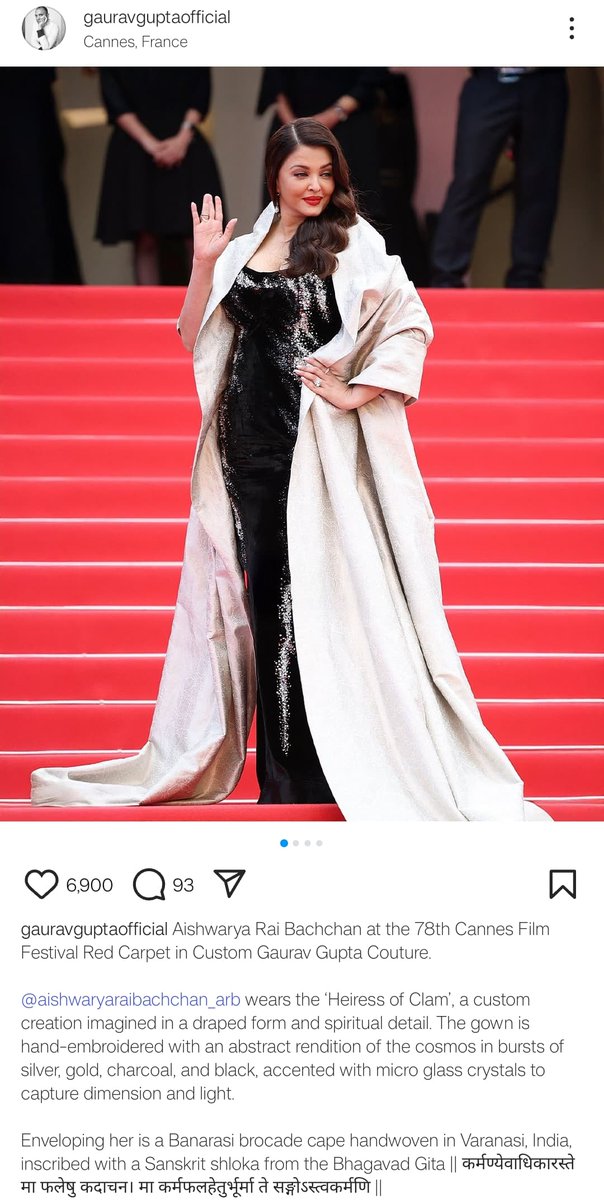 Aishwarya Rai Bachchan at the 78th Cannes Film Festival Red Carpet in  Custom Gaurav Gupta Couture." posts celebrity designer Gaurav Gupta on his  Instagram handle.