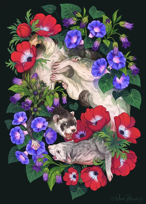 A decorative pet poster I had the pleasure of creating for Naomi, featuring her wonderful furry noodles - Nyx and Pyrrha. I absolutely love these fierce noodles and I'm incredibly happy I had the opportunity to draw these two!Do you like ferrets? 