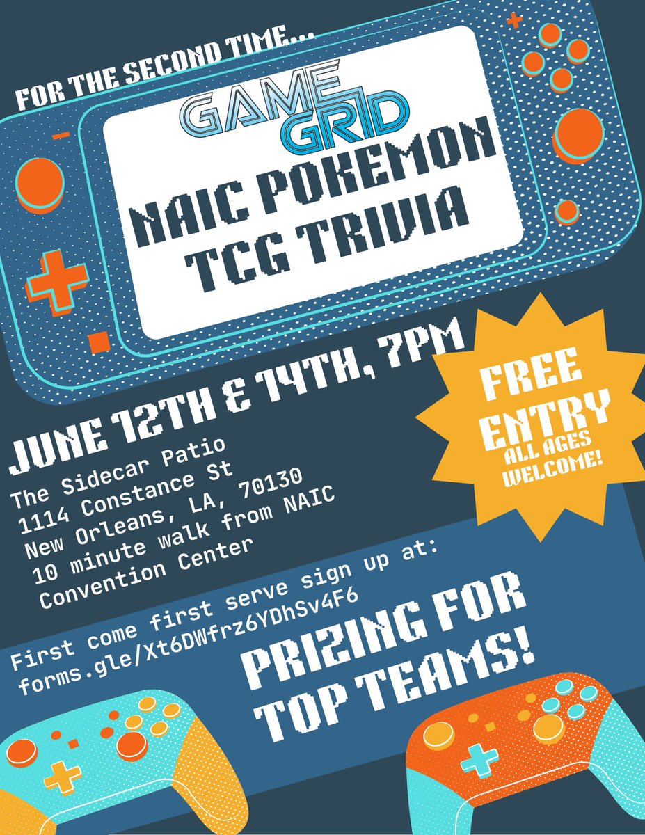 Zander Bennett➡️Mikwaukee, NAIC! (@zanderbennett) on Twitter photo We are 3 weeks away from our first night of NAIC <a href="/GameGridLive/">GameGridLive</a> Pokemon trivia! If you are interested in free prizing and great hangs, sign up at the link below! The sooner the better so we can correctly allot space at the restaurant, retweets appreciated!
forms.gle/Xt6DWfrz6YDhSv… We are 3 weeks away from our first night of NAIC <a href="/GameGridLive/">GameGridLive</a> Pokemon trivia! If you are interested in free prizing and great hangs, sign up at the link below! The sooner the better so we can correctly allot space at the restaurant, retweets appreciated!
forms.gle/Xt6DWfrz6YDhSv…