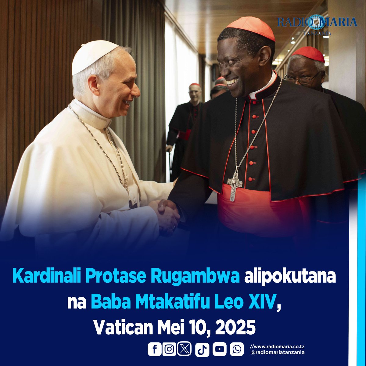 radiomariatz's tweet photo. PAPA LEO XIV NA MWADHAMA PROTASE KARDINALI RUGAMBWA
- Picha ni Mwadhama Protase Kardinali Rugambwa, Askofu Mkuu wa Jimbo Kuu Katoliki Tabora akimsalimu Baba Mtakatifu Leo XIV mara baada ya Mkutano wa Makardinali na Papa uliofanyika Jumamosi ya Mei 10, 2025 huko Vatican. https://t.co/USZpumadAI