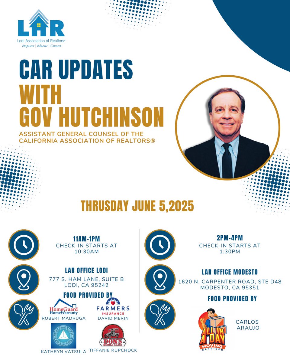🚨 Stay ahead of the latest C.A.R. Updates with Gov Hutchinson
🧠 Packed with must-know info for REALTORS®!
Come with your questions and appetite.
🗓️ June 5 | Two locations | One essential class
📍 Reserve your spot now through the Linktree in our bio!