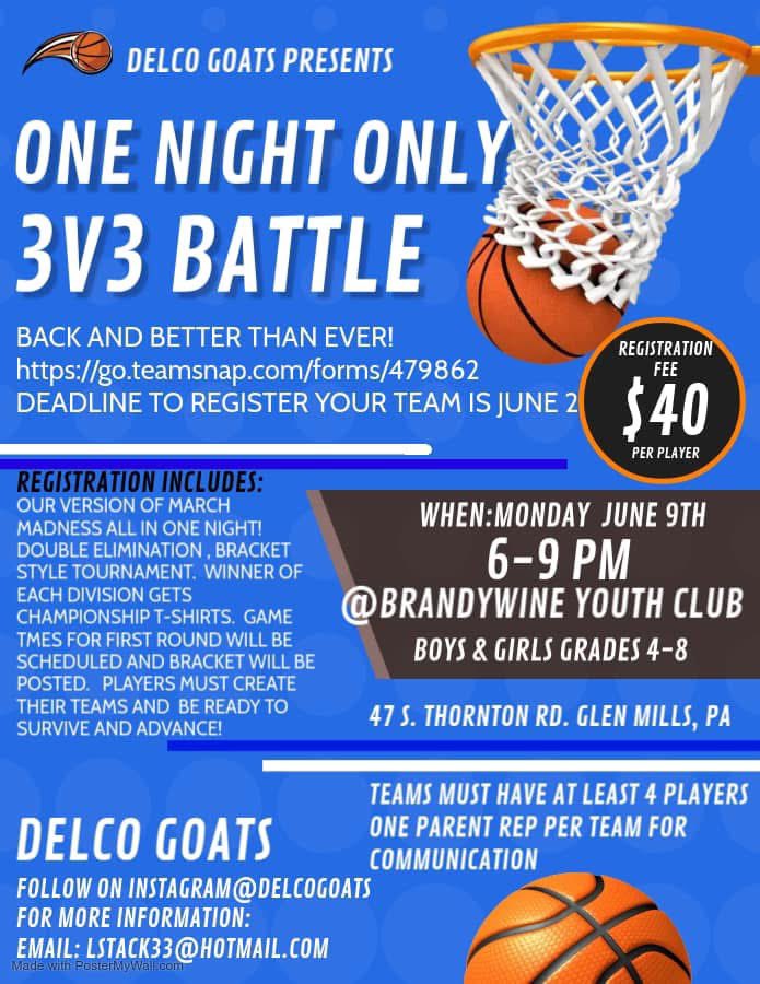 @Coach Maloney22 (@maloney22coach) on Twitter photo Open to all not just Delco Goats Players . Get your friends, come have fun compete and get 1 %percent better in our one night only 3v3. <a href="/delcogoats/">Delcogoats</a> Open to all not just Delco Goats Players . Get your friends, come have fun compete and get 1 %percent better in our one night only 3v3. <a href="/delcogoats/">Delcogoats</a>