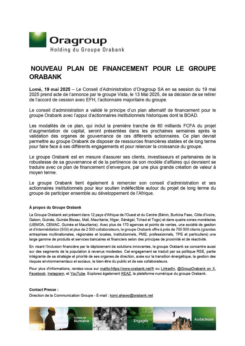 aboubacarybarma's tweet photo. [#Banques #Finances] 
#Orabank #Vista #BOAD 
Le groupe #Oragroup, holding de Orabank acte le #retrait du groupe #VISTA de l'accord de #cession avec son actionnaire majoritaire #EFH et annonce un nouveau plan de #financement avec la #BOAD. https://t.co/DE0YjzRndp