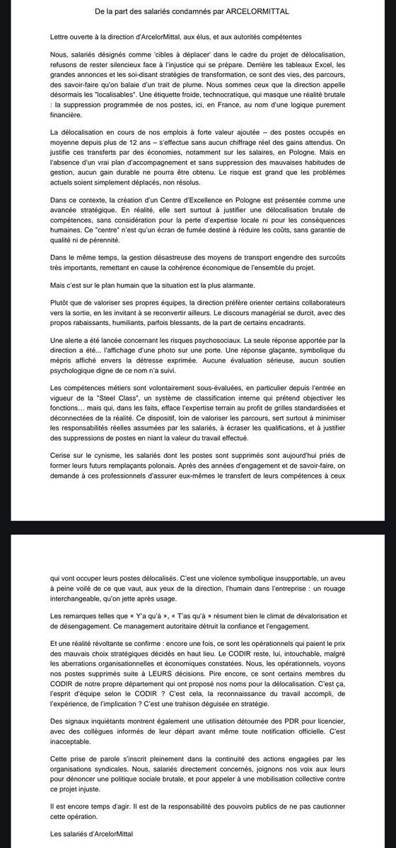 CivicioY's tweet image. Cibles a déplacer humiliation, lettre glaçante qui m'a été transmises par des salariés condamnés par Arcelor Mittal sur le site de Florange
Le président Macron dit vouloir protéger l'industrie française et des politiques passent leur temps à vanter ses mérites alors agissez