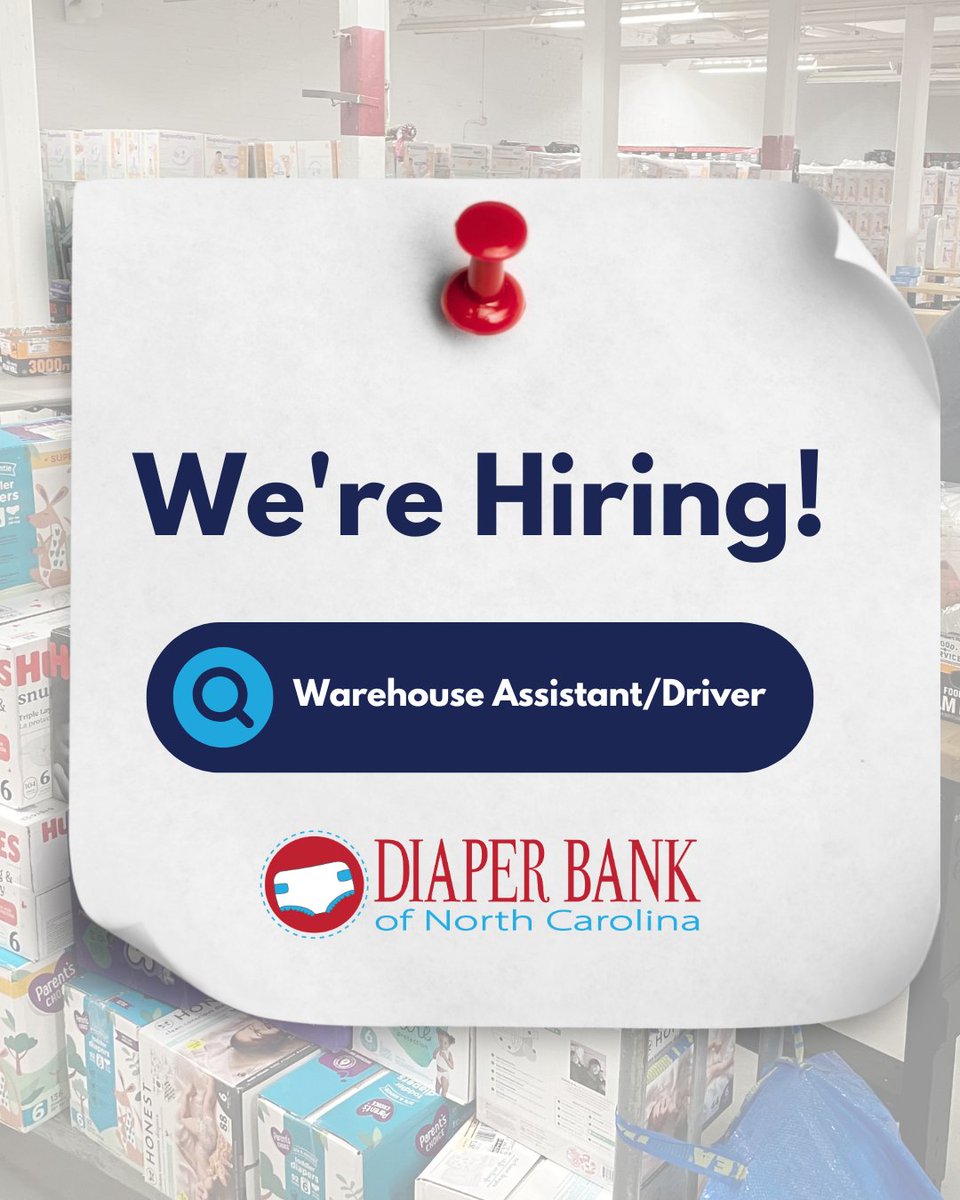 Diaper Bank of North Carolina is #hiring a Warehouse Assistant/Driver at our #Hillsborough location. In this role, you would help maintain a productive, efficient, and organized warehouse that welcomes more than 2,000 volunteers annually! Learn more here: ncdiaperbank.org/job-openings