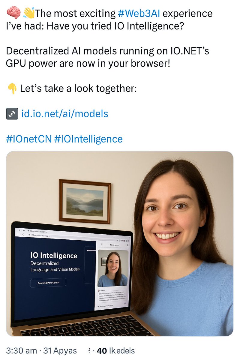 Bilal_ibanoglu's tweet image. 🧠 我参与过最令人兴奋的 #Web3AI 体验之一：
你了解 IO Intelligence 吗？
在无需中心化服务器的情况下，通过去中心化 GPU 力量运行的 AI 模型，现在可直接在浏览器中使用！
👇 一起来看看：
🔗 id.io.net/ai/models
#IOnetCN #IOIntelligence @ionet @IONETChina