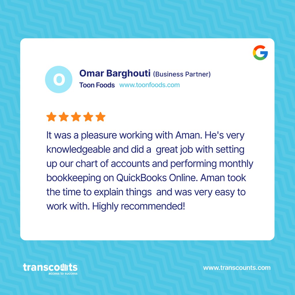 transcounts's tweet photo. Thank you, Omar! It was a pleasure working with you and Christina—appreciated the smooth, collaborative process. Wishing Toon Foods continued success!

#happycustomers #5starreview #googlereview #bookkeeping #shopify #quickbooks #transcounts https://t.co/mOdGTQ1CXN