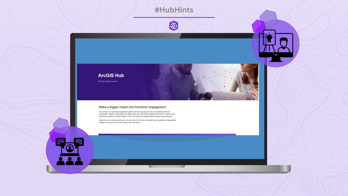 ArcGISHub's tweet image. There’s no better way to familiarize yourself with new Hub workflows and applications than by watching a webinar! Learn from peers and Esri experts how to enhance your community engagement efforts using #ArcGISHub! ow.ly/YH8a50VW2Ur  #HubHints