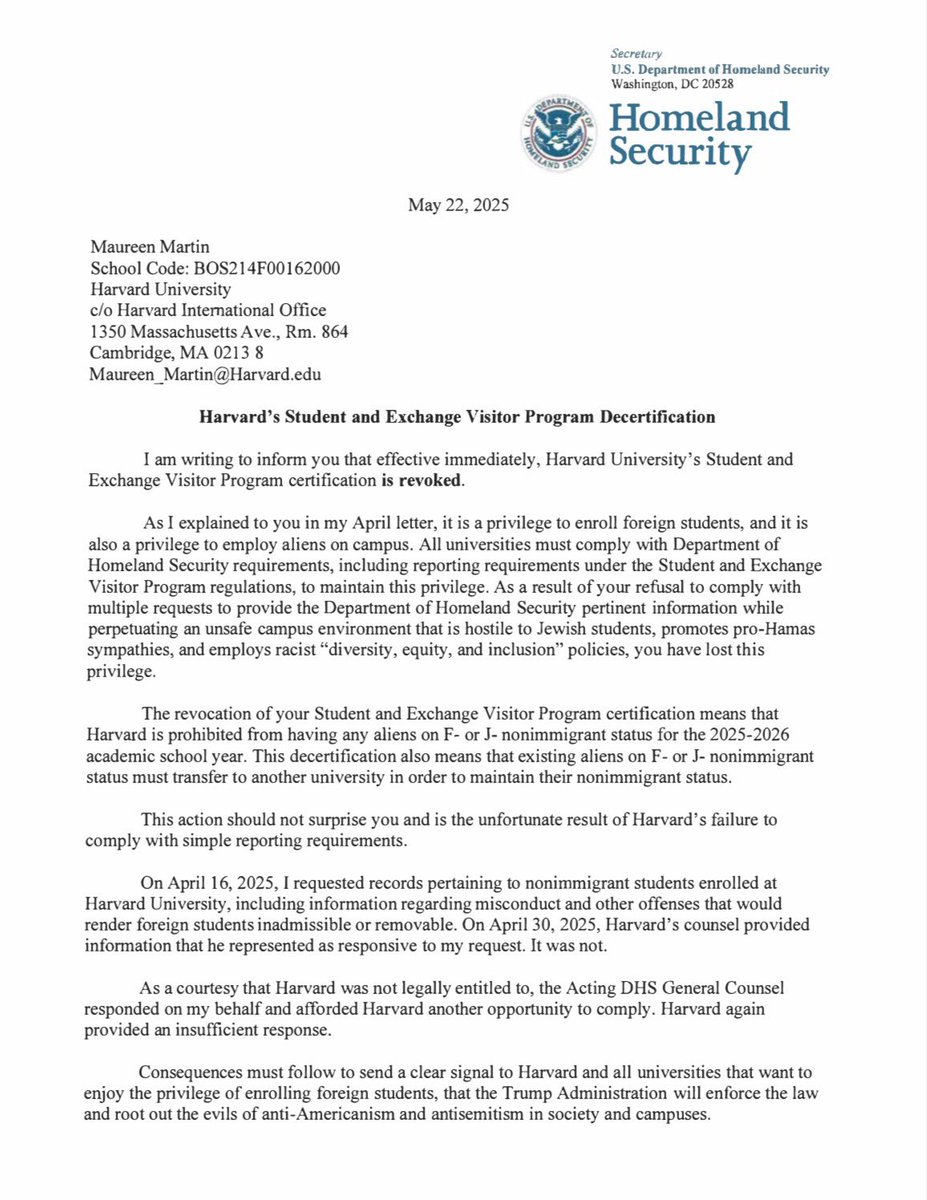 Sec_Noem's tweet image. This administration is holding Harvard accountable for fostering violence, antisemitism, and coordinating with the Chinese Communist Party on its campus.
It is a privilege, not a right, for universities to enroll foreign students and benefit from their higher tuition payments…