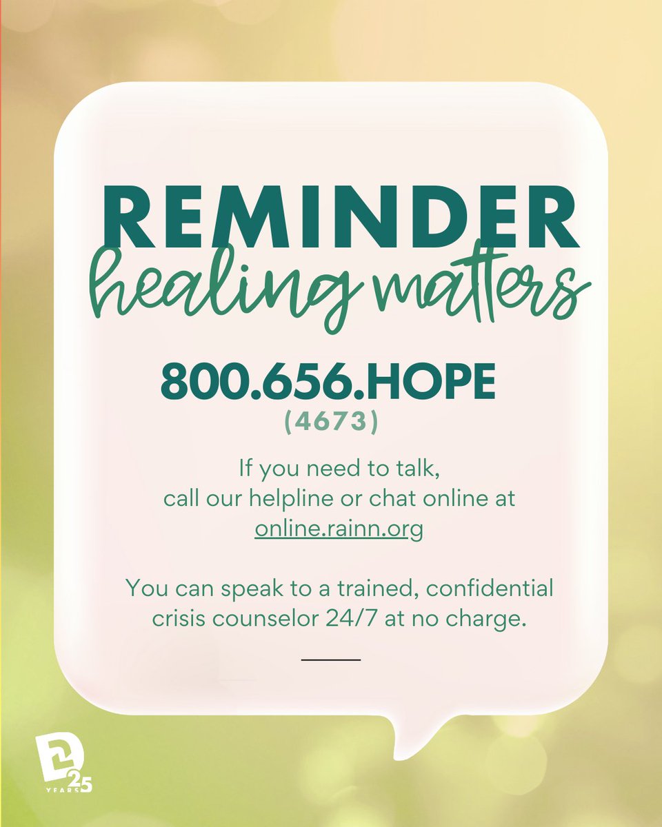 Darkness to Light (@darkness2light) on Twitter photo Healing matters. 💚 This Mental Health Awareness Month, we want you to know that your feelings are valid, your story matters, and you don’t have to carry it alone.
If you need support, call 800.656.HOPE (4673) or text 'HOME' to 741741 for free, confidential, 24/7 services. Healing matters. 💚 This Mental Health Awareness Month, we want you to know that your feelings are valid, your story matters, and you don’t have to carry it alone.
If you need support, call 800.656.HOPE (4673) or text 'HOME' to 741741 for free, confidential, 24/7 services.