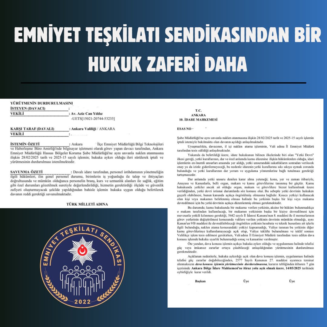 BİR HUKUK ZAFERİ DAHA: HAK YERİNİ BULDU!

Emniyet Teşkilatı Sendikası olarak, adaletin terazisinde bir kez daha haklılığımız tescillendi. Ankara 10. İdare Mahkemesi tarafından verilen kararla, üyemizin haksız şekilde gerçekleştirilen atama işlemi iptal edilmiştir.

Bu kıymetli