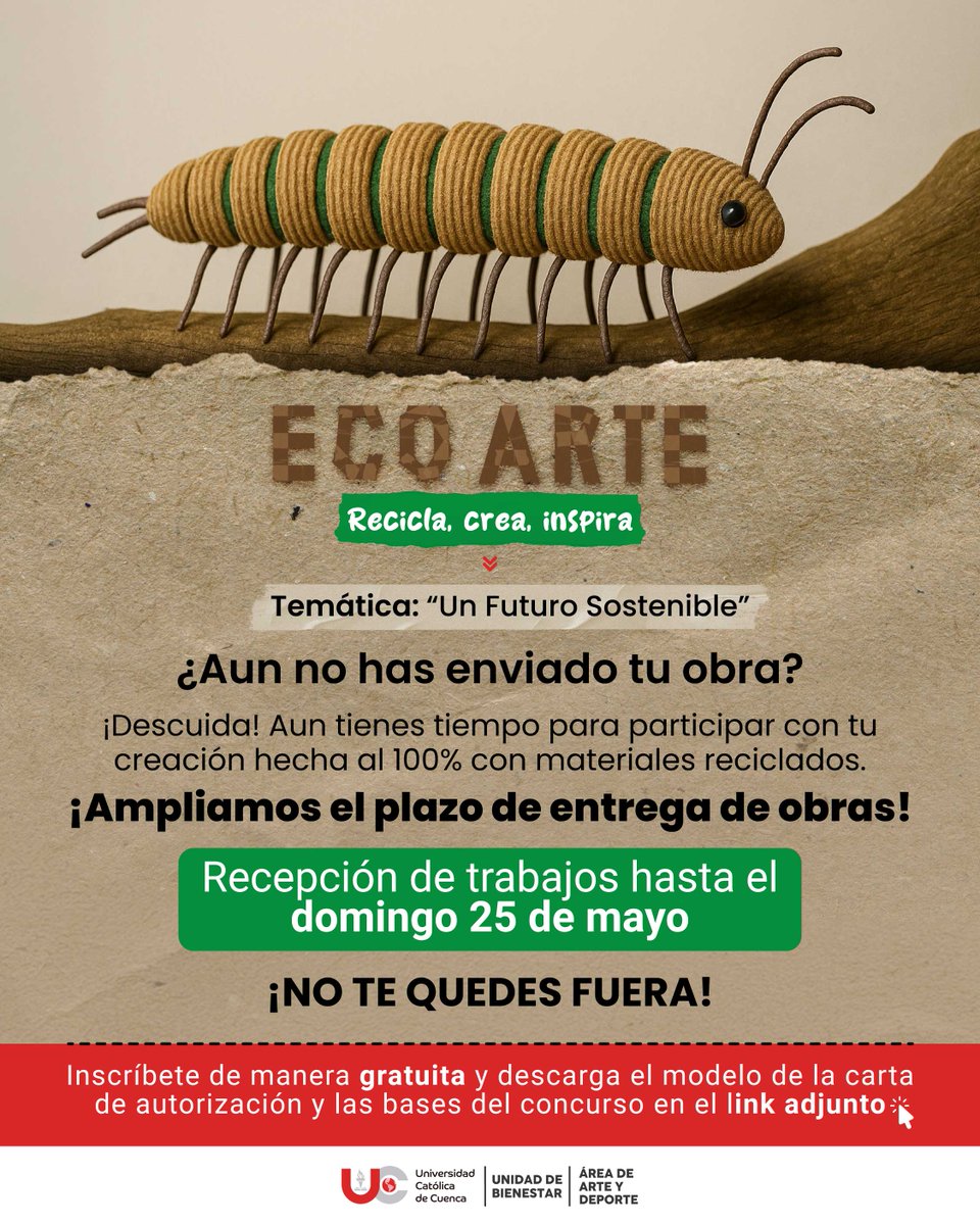 ¿𝐀𝐮𝐧 𝐧𝐨 𝐞𝐧𝐯𝐢𝐚𝐬 𝐭𝐮 𝐨𝐛𝐫𝐚? ¡𝐓𝐨𝐝𝐚𝐯𝐢𝐚 𝐩𝐮𝐞𝐝𝐞𝐬 𝐠𝐚𝐧𝐚𝐫!
Crea, recicla e inspira. Recepción hasta el 25 de mayo.✨
🔗acortar.link/82jtR4
#ArteYReciclaje #ÁguilasRojas #UCatólicaCuenca