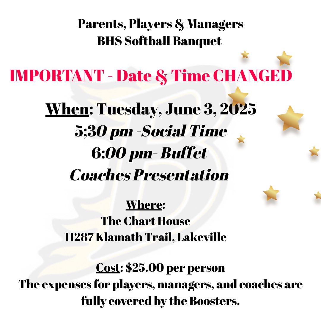 BHSSoftball (@bhssoftball2019) on Twitter photo IMPORTANT BANQUET UPDATE
Due to flag football playoffs/ over 50% of our players participating, we’ve had to reschedule the banquet to Tuesday, June 3, 2025
Thank you for your understanding and flexibility — we’re looking forward to a great night together! IMPORTANT BANQUET UPDATE
Due to flag football playoffs/ over 50% of our players participating, we’ve had to reschedule the banquet to Tuesday, June 3, 2025
Thank you for your understanding and flexibility — we’re looking forward to a great night together!